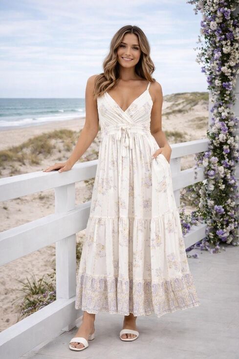 Dresses & Skirts - White & Lavender Coastal Maxi Dress Boho Vacation beach Resort